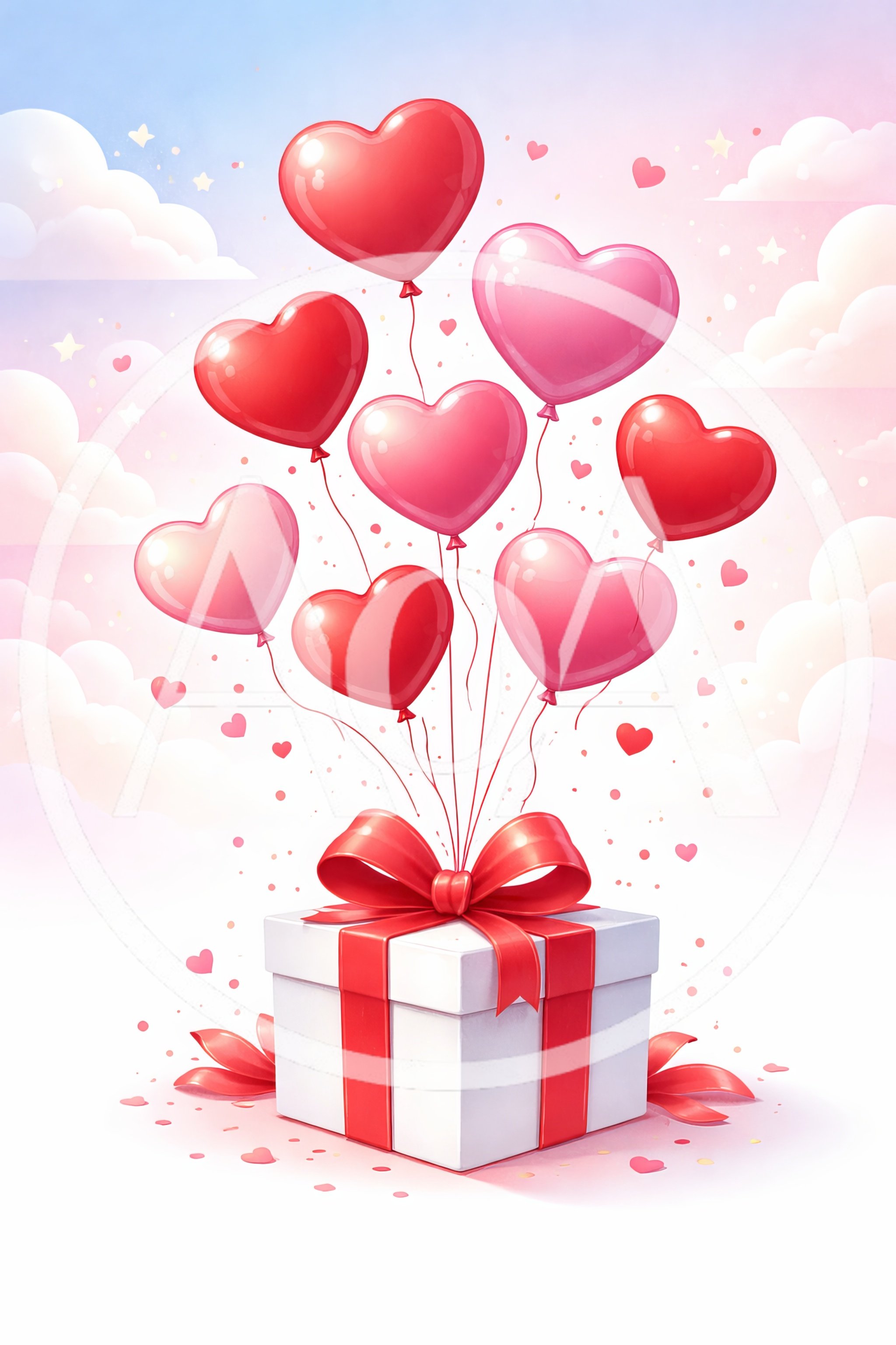 Heart Shaped Balloons Floating From A Gift Box