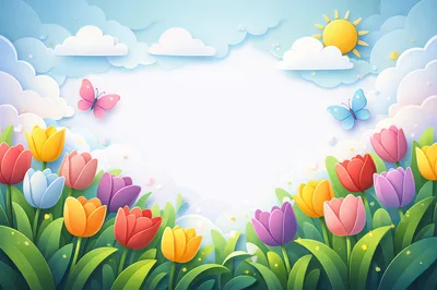Paper Cutout Spring Garden With Tulips And Butterflies