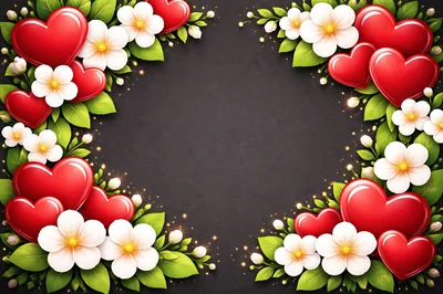 Red Hearts And White Flowers Frame On Dark Background
