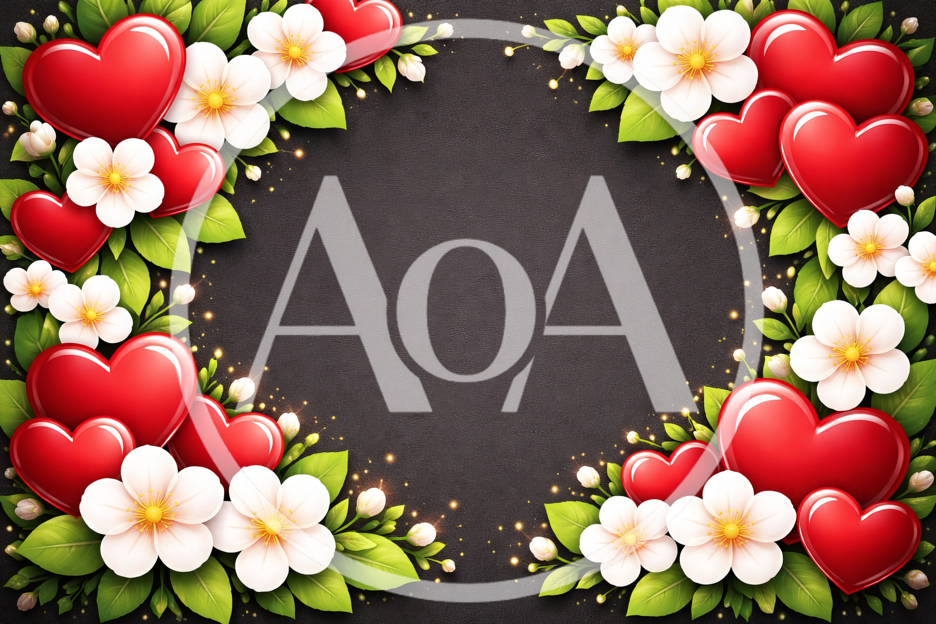 Red Hearts And White Flowers Frame On Dark Background