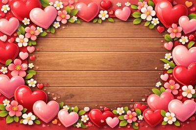 Valentine Heart Frame With Flowers On Wooden Background
