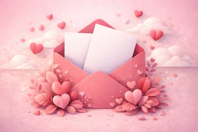 Open Pink Envelope With Blank Cards And Hearts