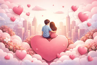 Young Couple Sitting Together on a Giant Heart