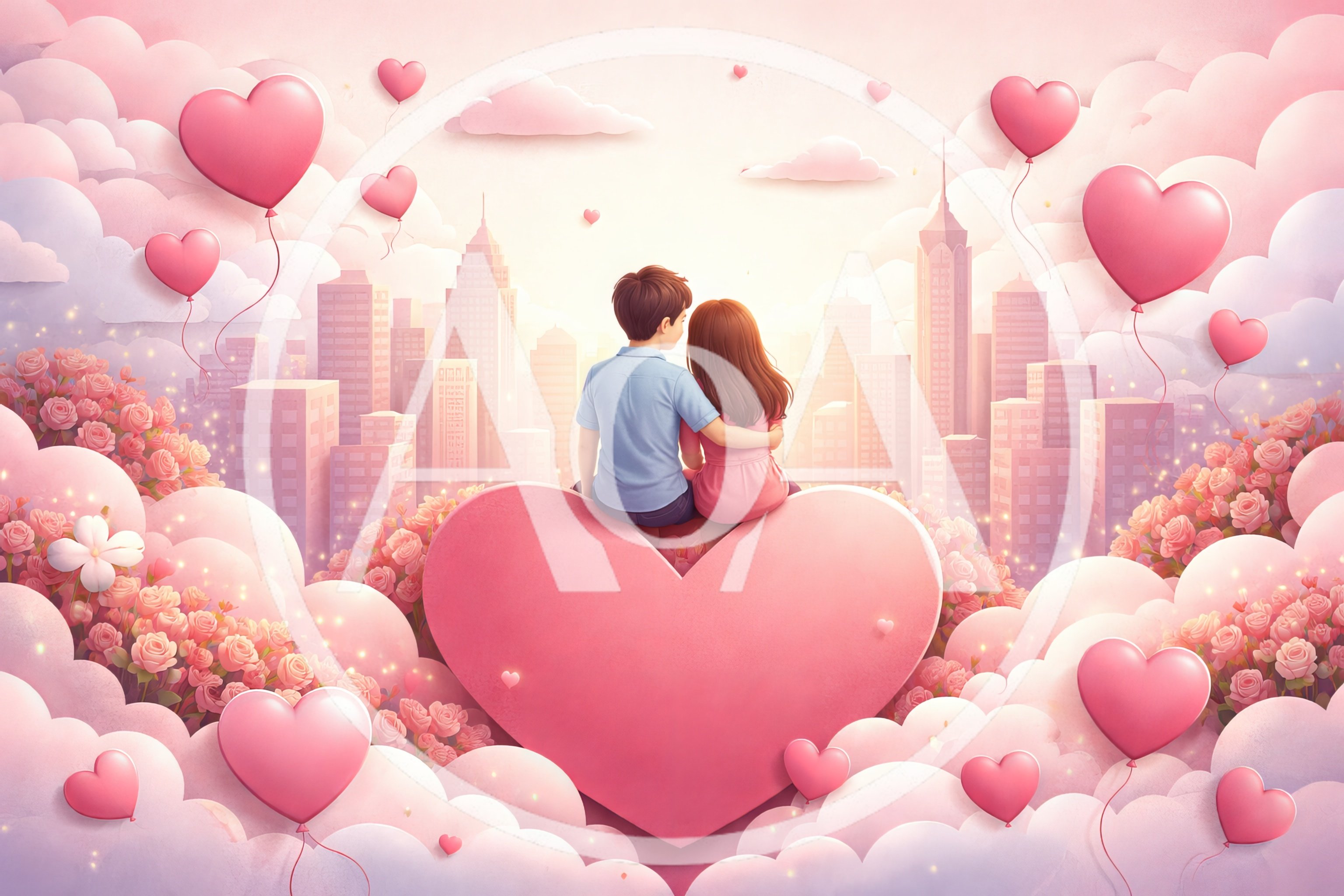 Young Couple Sitting Together on a Giant Heart