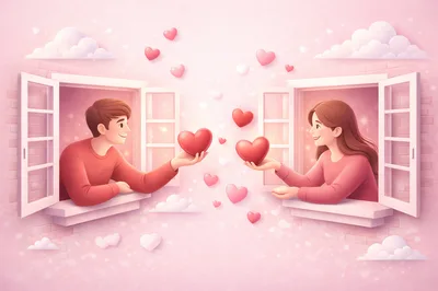 Couple Exchanging Hearts From Opposite Windows