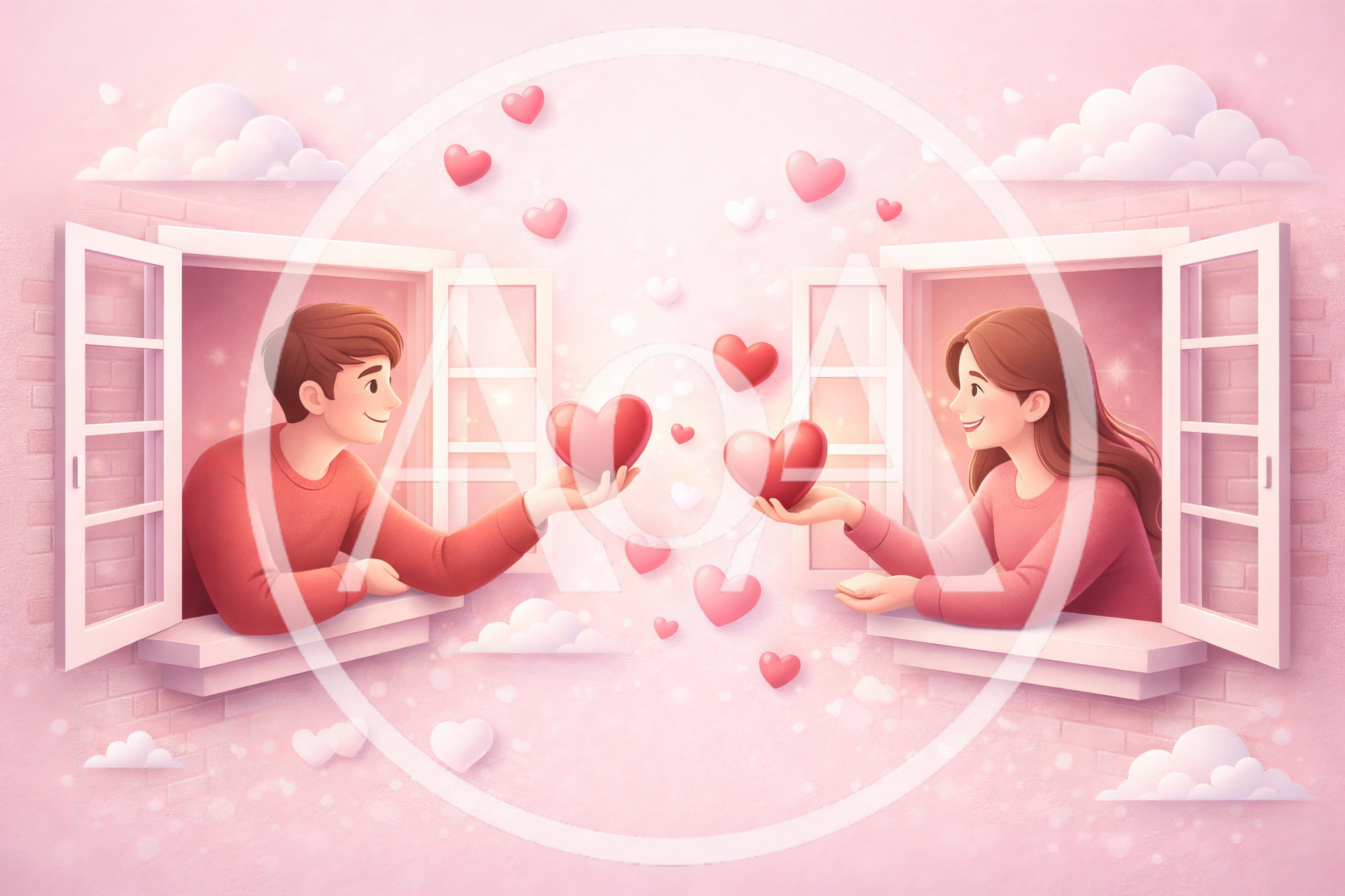 Couple Exchanging Hearts From Opposite Windows