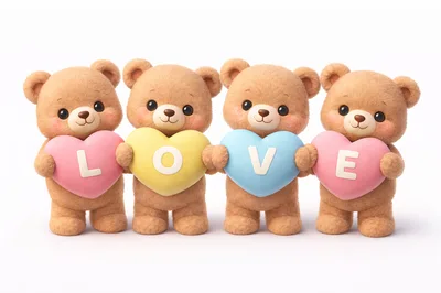 Four Cute Teddy Bears Holding Love Heart Letters
