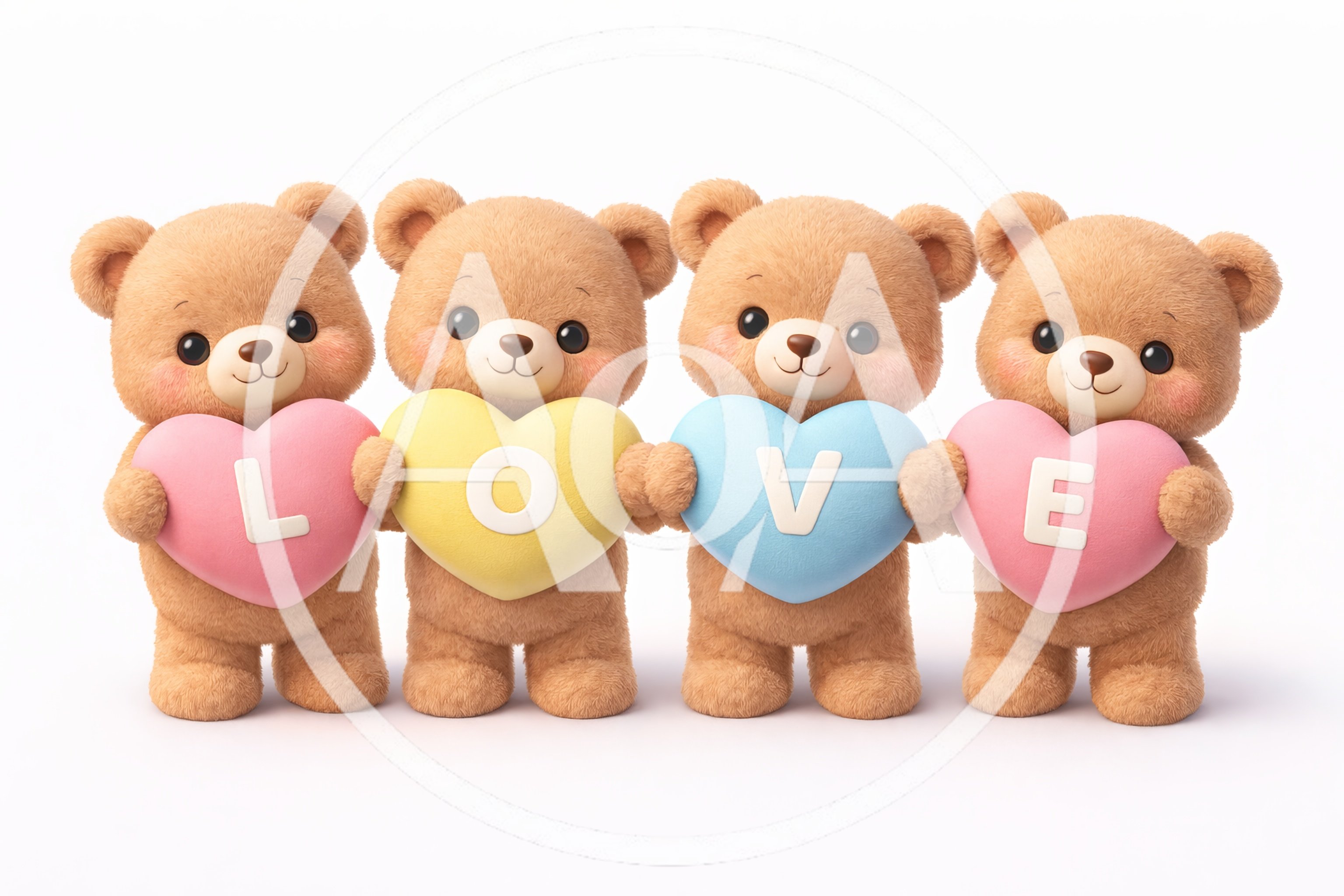 Four Cute Teddy Bears Holding Love Heart Letters