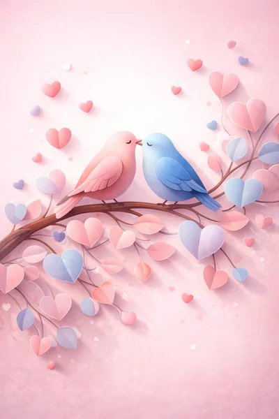 Two Lovebirds Perched On A Heart Shaped Branch