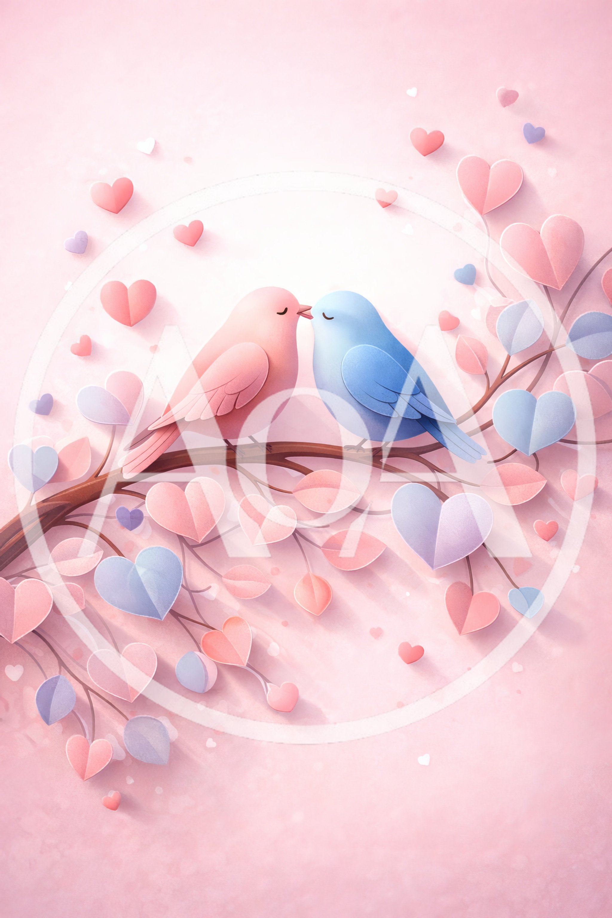 Two Lovebirds Perched On A Heart Shaped Branch