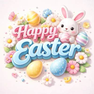 Happy Easter Greeting Card With Cute Bunny And Eggs