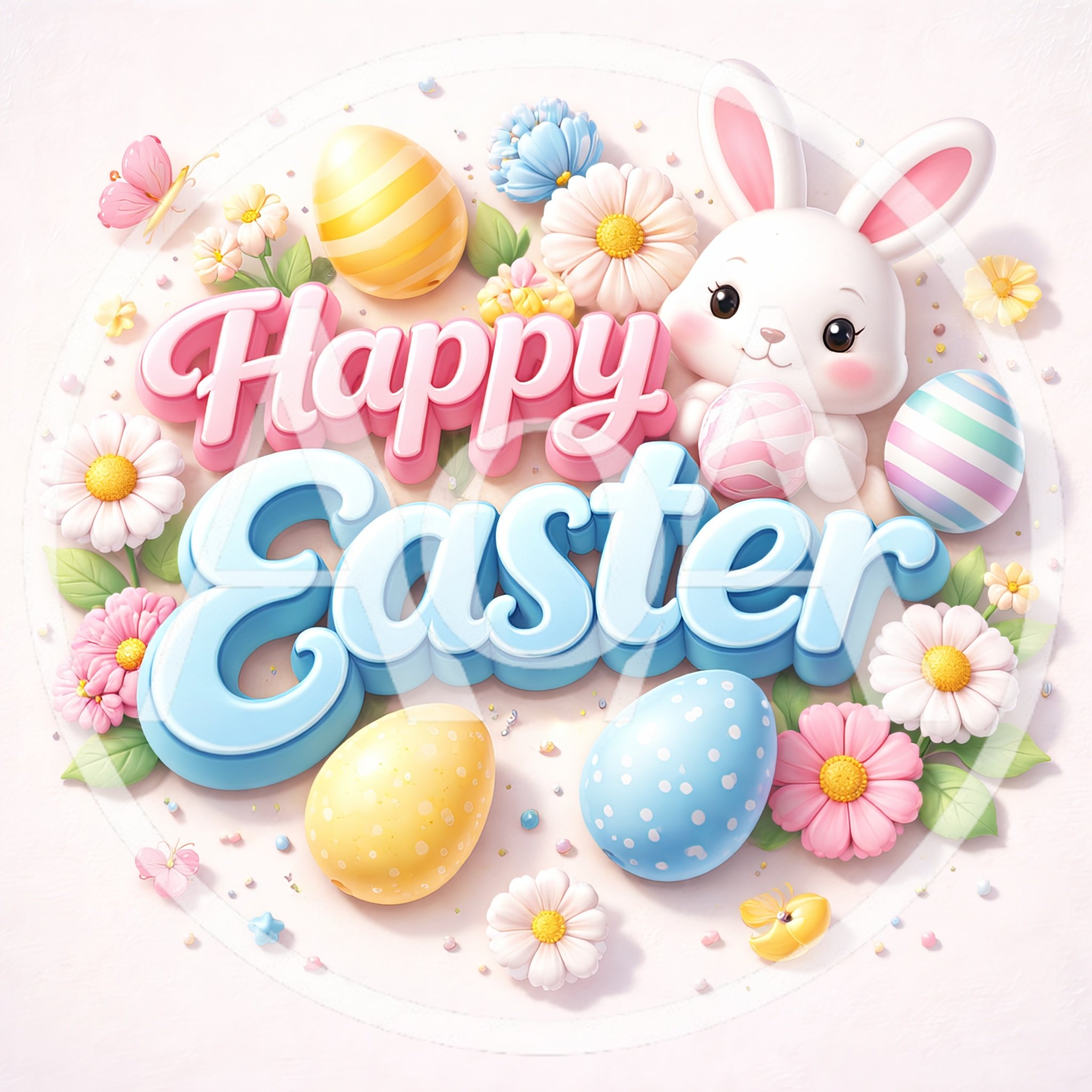 Happy Easter Greeting Card With Cute Bunny And Eggs