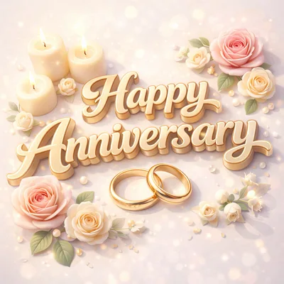 Happy Anniversary Gold Text With Wedding Rings And Roses