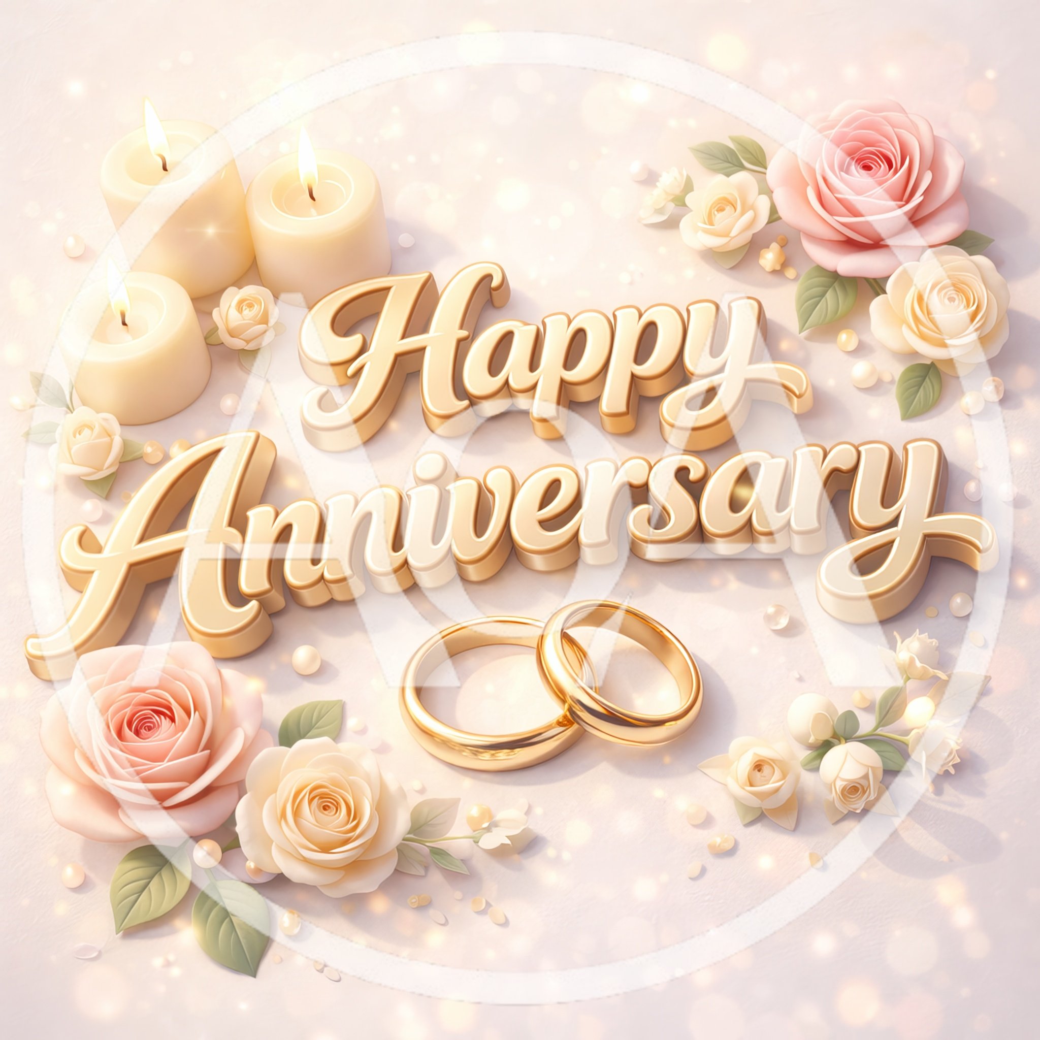 Happy Anniversary Gold Text With Wedding Rings And Roses