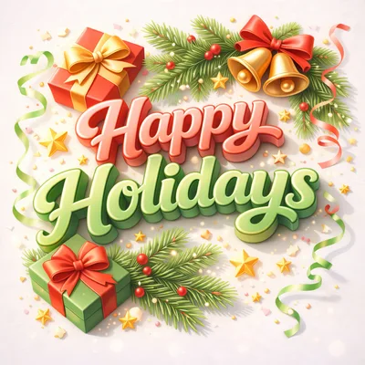 3D Happy Holidays Text With Christmas Decorations