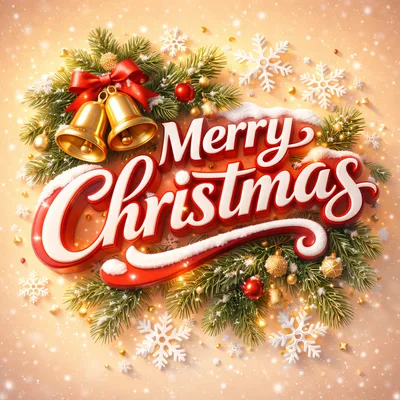 Merry Christmas Greeting Card With Golden Bells And Ornaments