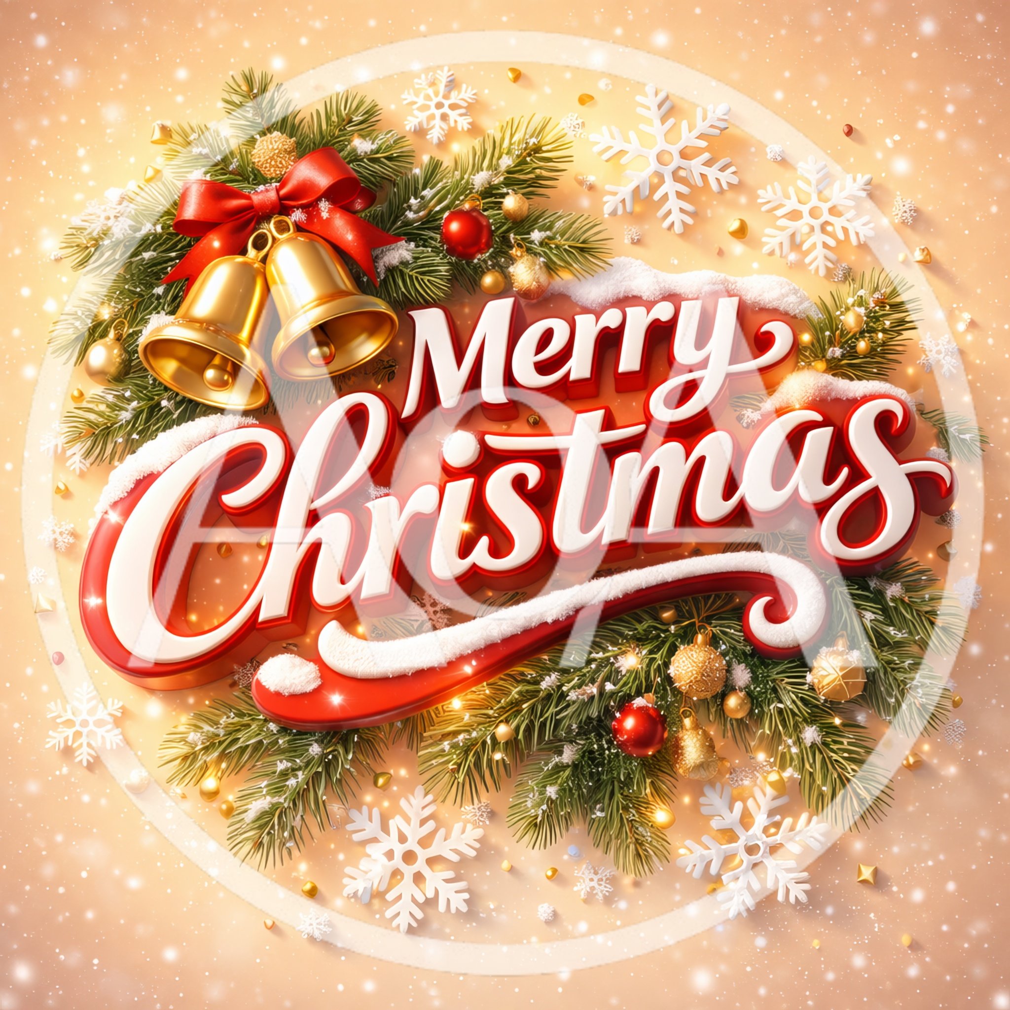 Merry Christmas Greeting Card With Golden Bells And Ornaments