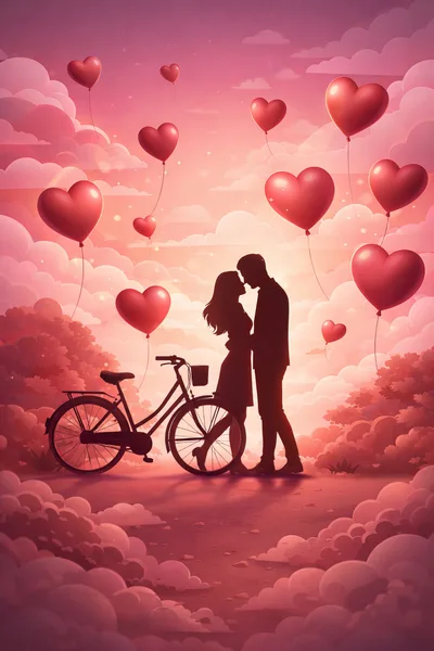 Romantic Silhouette Of A Couple With Bicycle