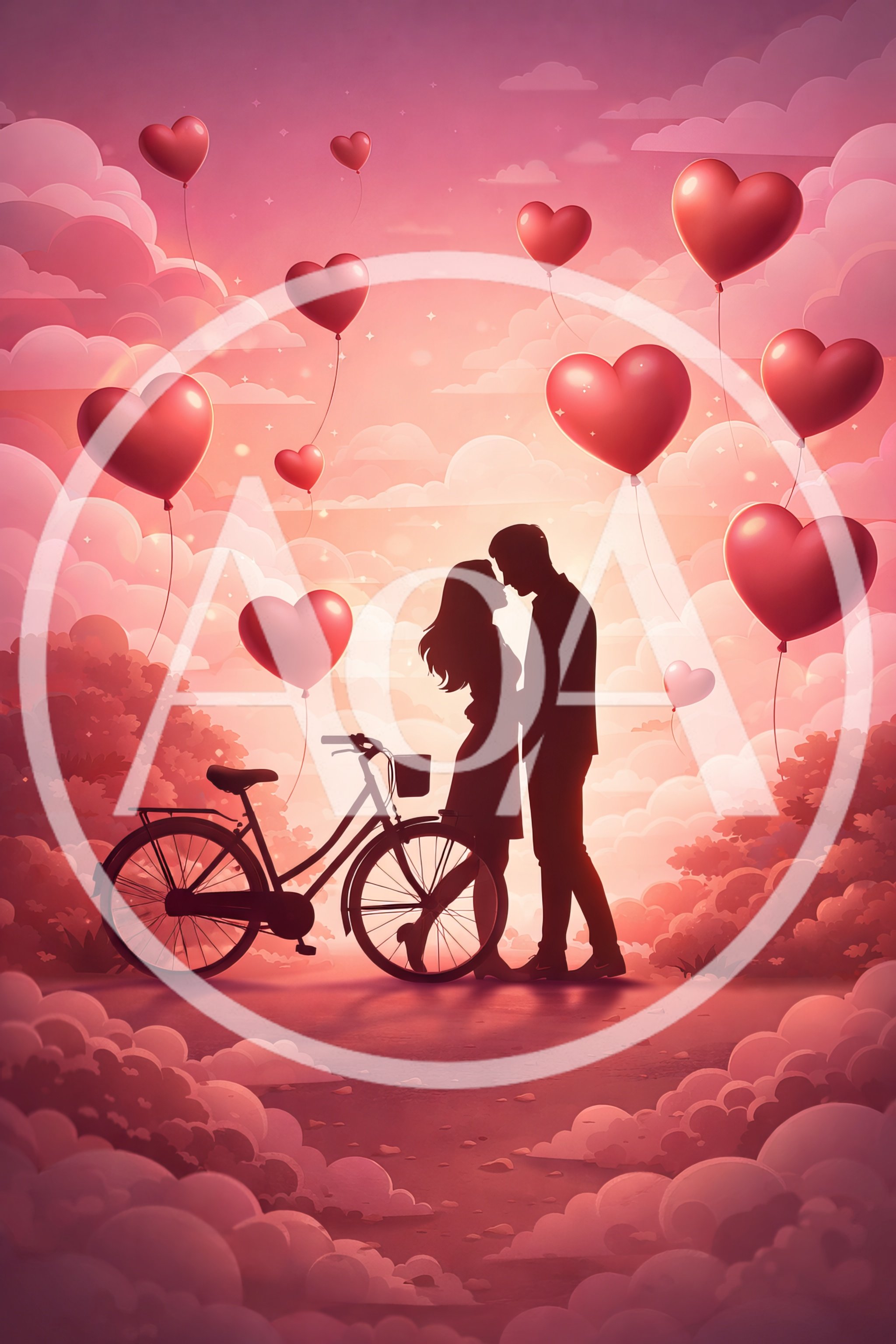 Romantic Silhouette Of A Couple With Bicycle