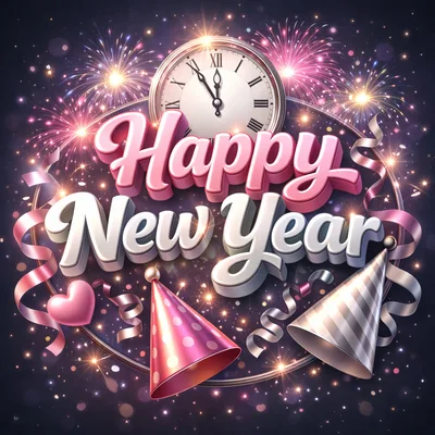 Happy New Year Celebration Graphic With Clock And Fireworks