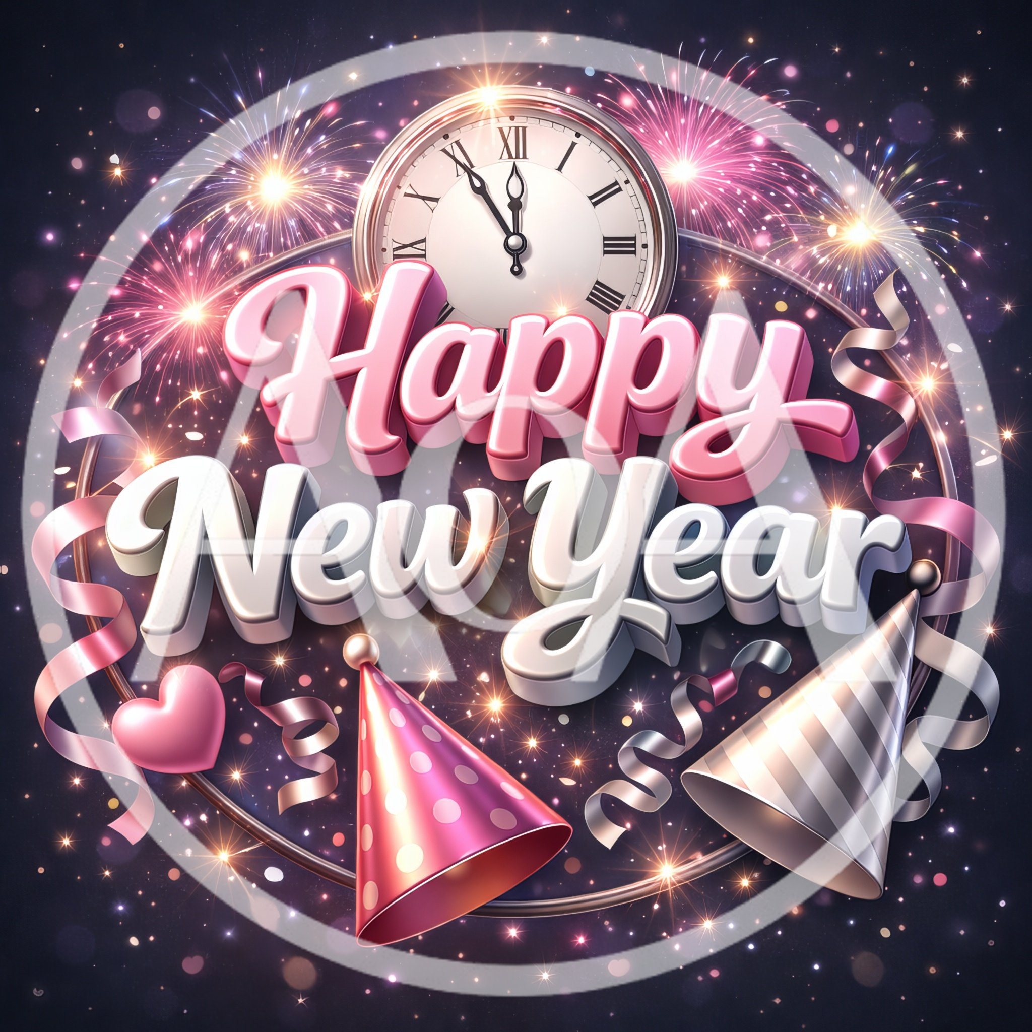 Happy New Year Celebration Graphic With Clock And Fireworks