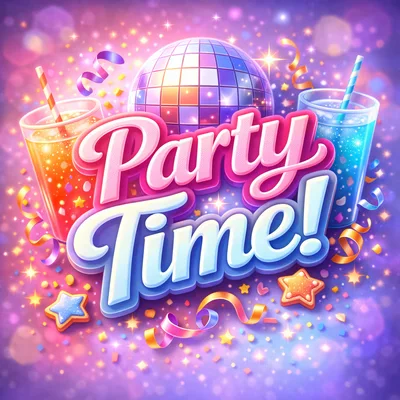 Party Time Celebration Graphic With Disco Ball And Drinks