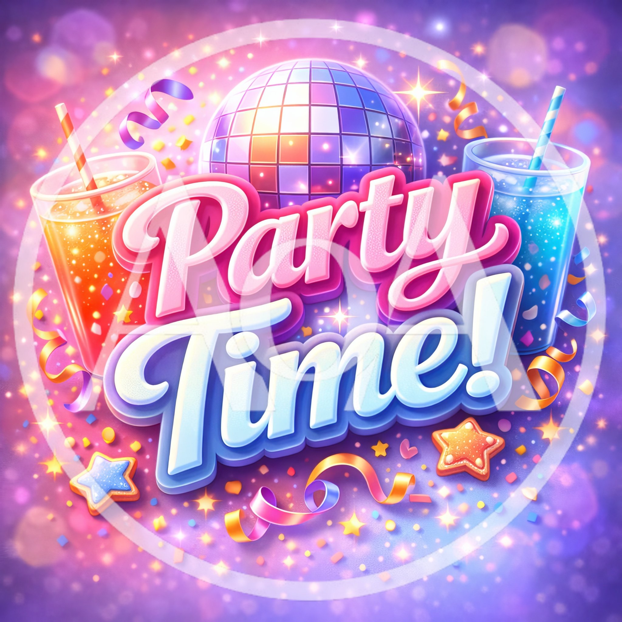 Party Time Celebration Graphic With Disco Ball And Drinks