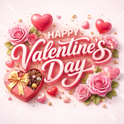 Happy Valentine's Day Greeting Card With Roses And Chocolates