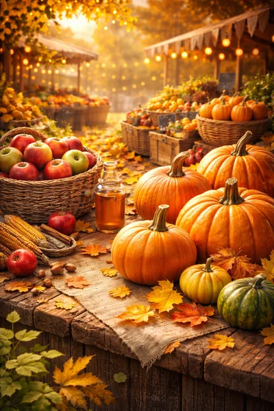 Autumn Harvest Display With Pumpkins And Apples