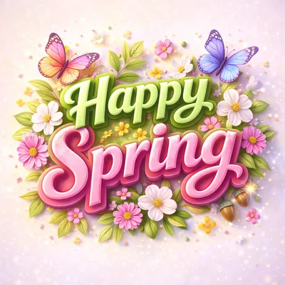 Happy Spring Text With Flowers And Butterflies