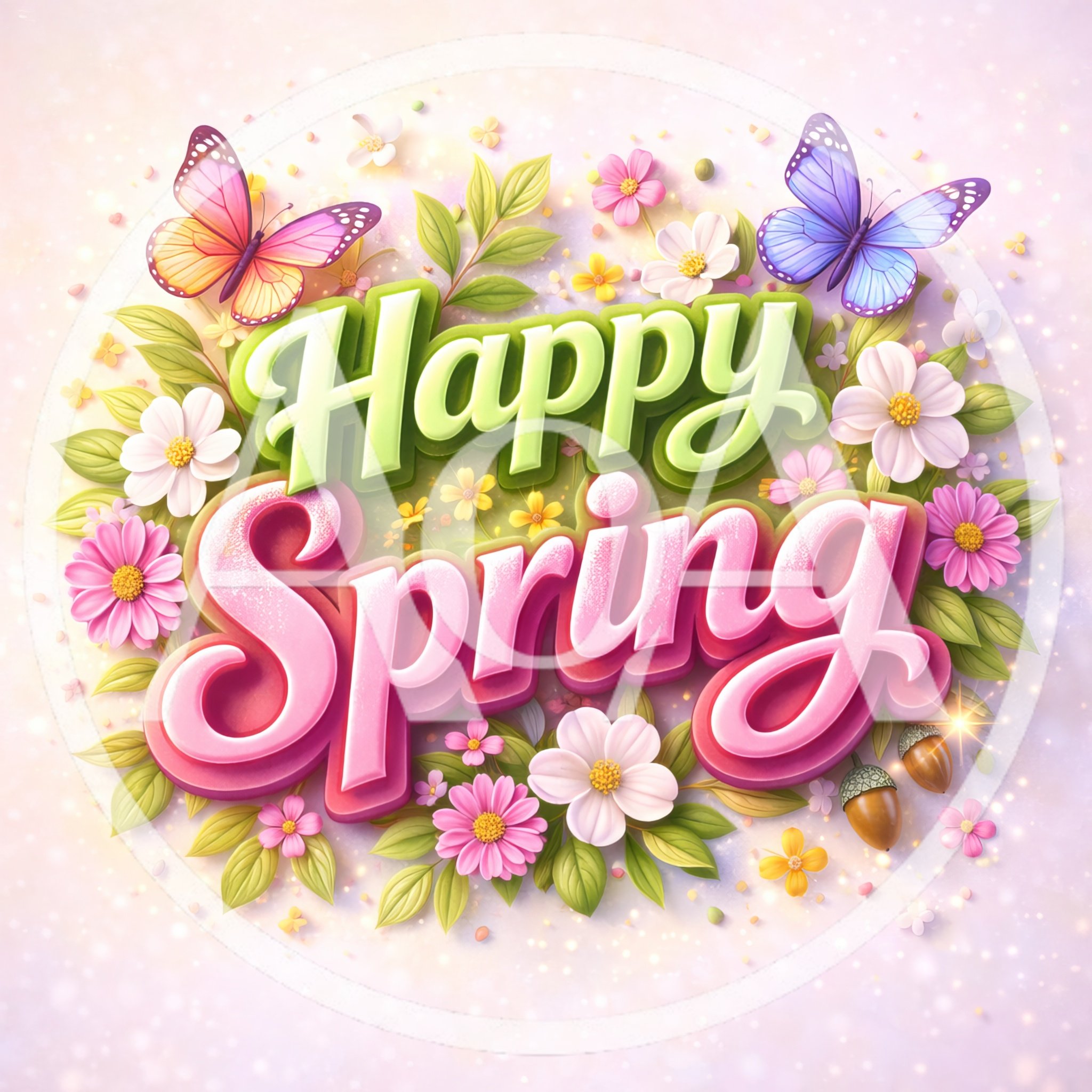 Happy Spring Text With Flowers And Butterflies