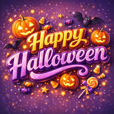 Happy Halloween Greeting Card With Pumpkins And Candy