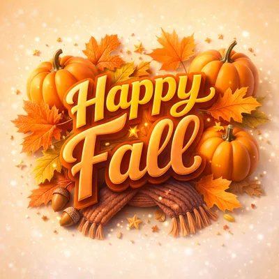 Happy Fall Seasonal Greeting With Pumpkins And Leaves
