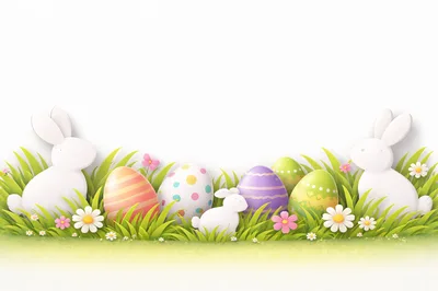 Easter Bunnies and Decorated Eggs in Grass