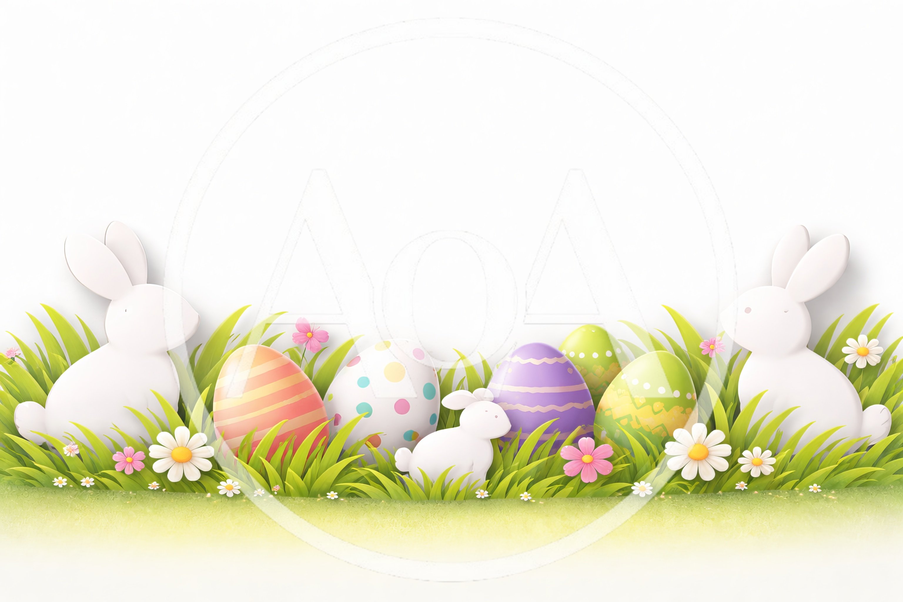 Easter Bunnies and Decorated Eggs in Grass