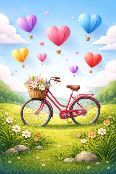 Red Bicycle With Flower Basket In Sunny Meadow
