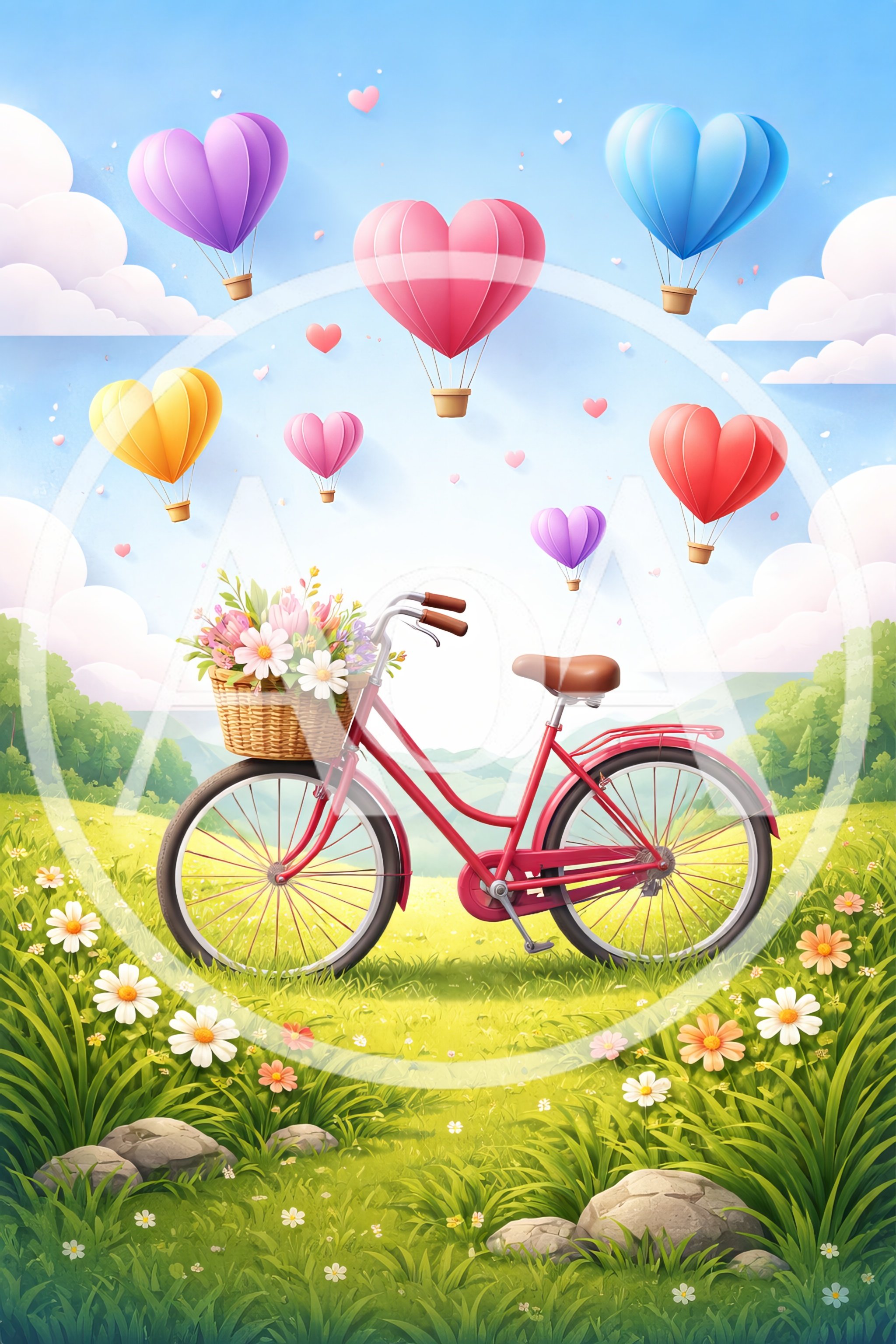 Red Bicycle With Flower Basket In Sunny Meadow