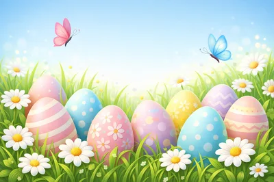 Colorful Easter Eggs In A Sunny Spring Meadow