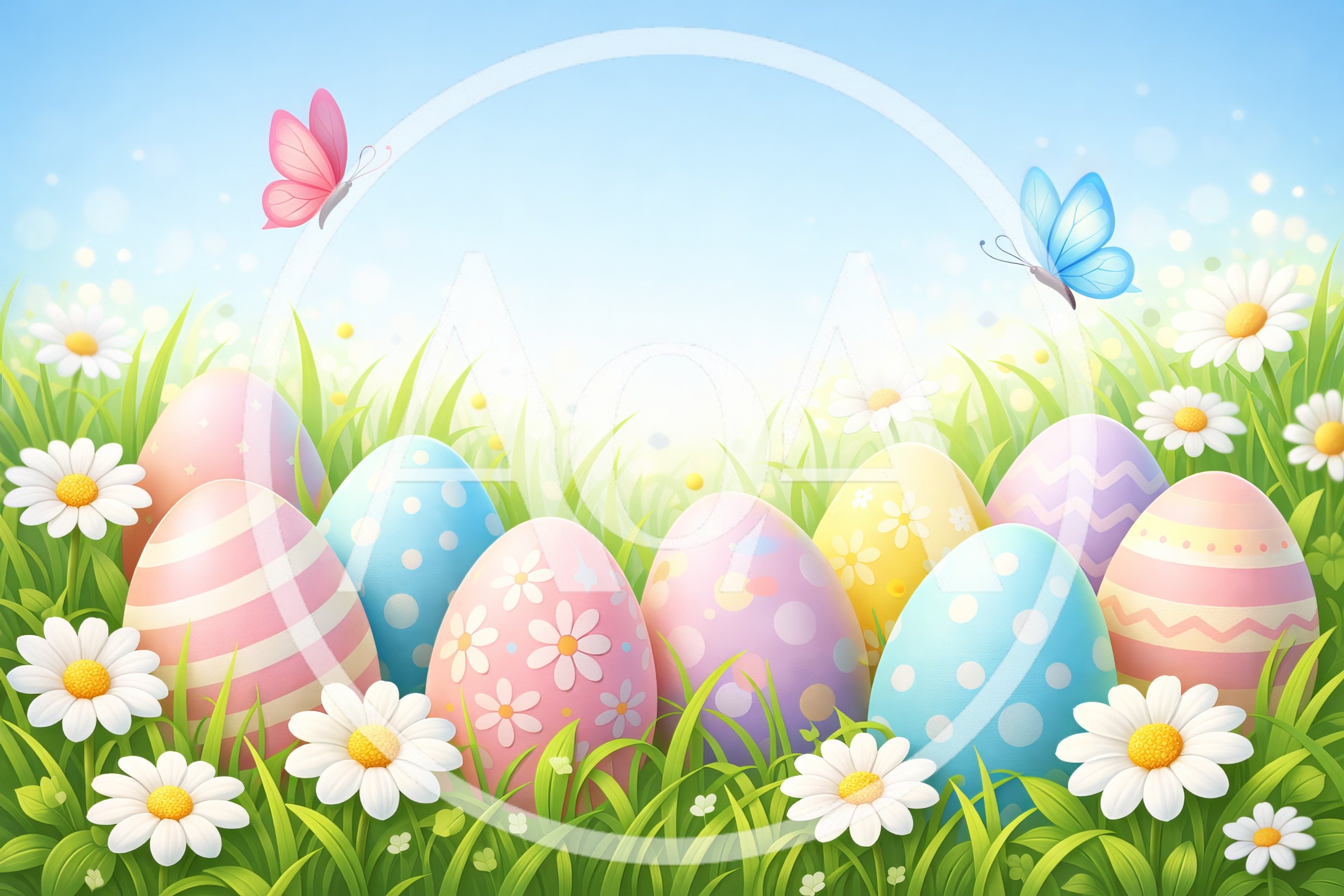 Colorful Easter Eggs In A Sunny Spring Meadow