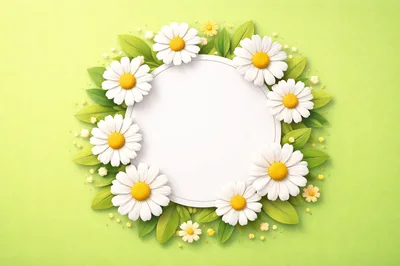 White Daisy Flower Wreath Frame on Green Background