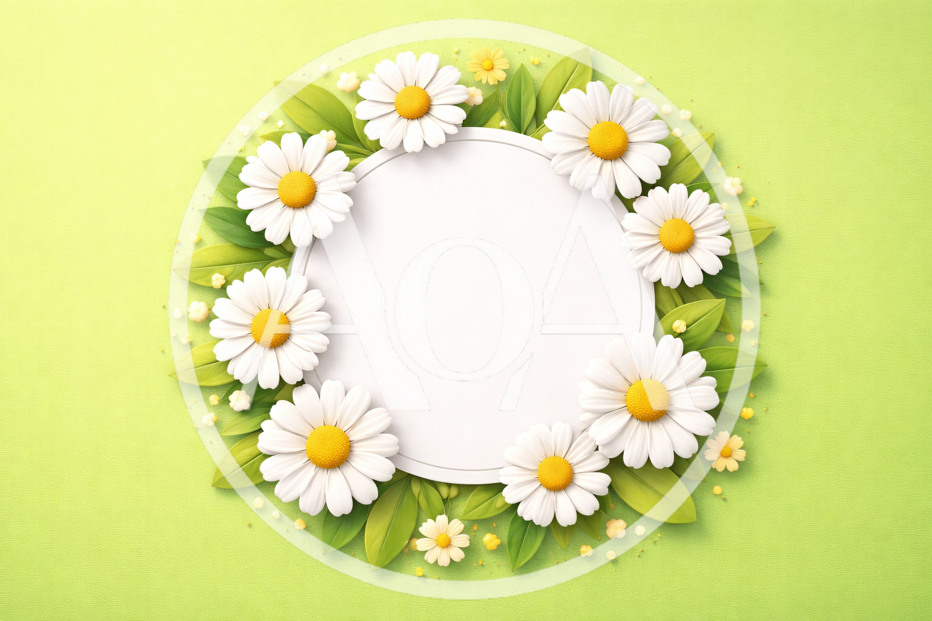 White Daisy Flower Wreath Frame on Green Background