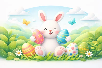 Cute Easter Bunny Holding Decorated Eggs in Spring Meadow