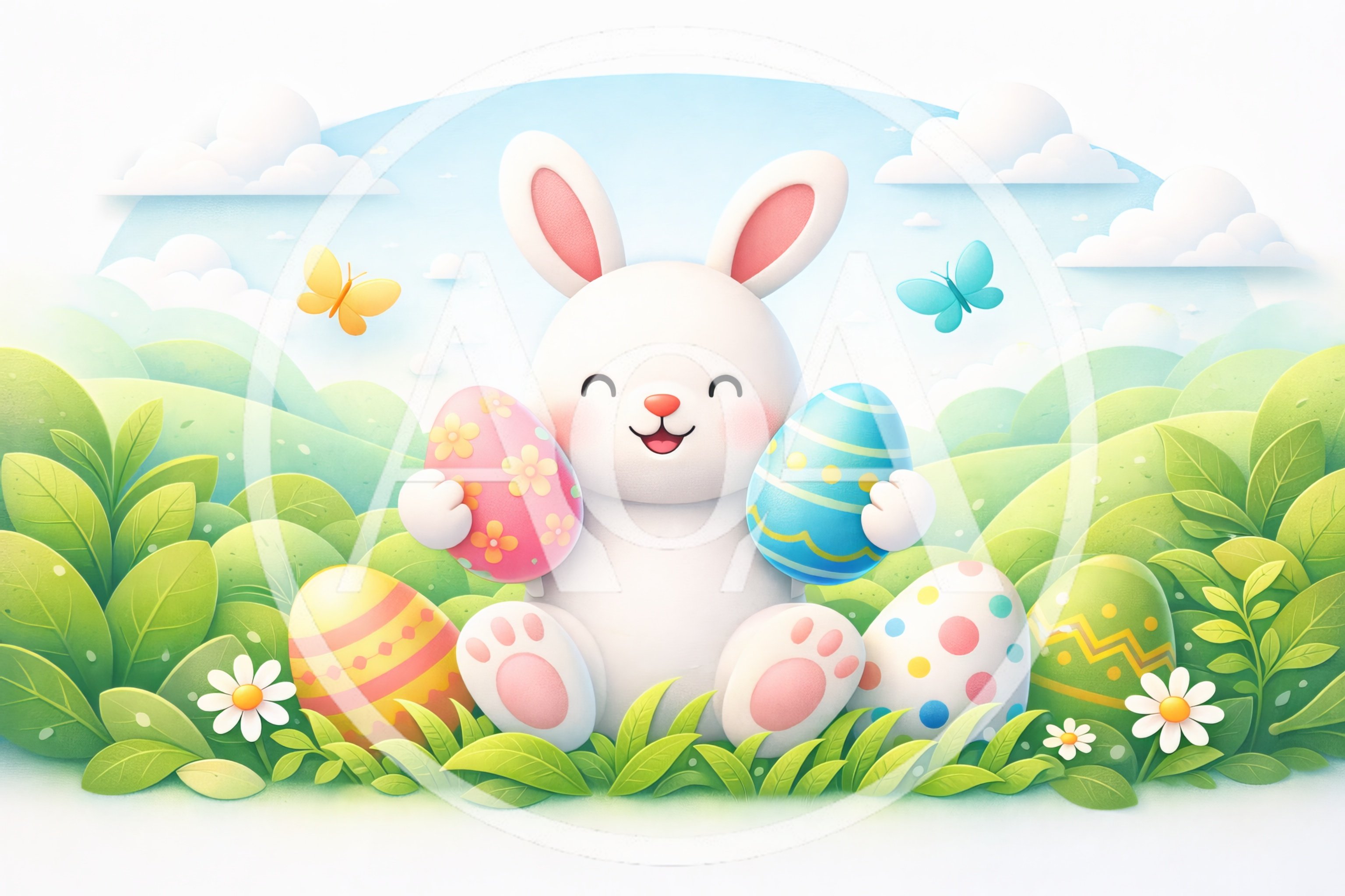 Cute Easter Bunny Holding Decorated Eggs in Spring Meadow