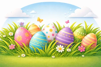 Colorful Decorated Easter Eggs In Green Grass