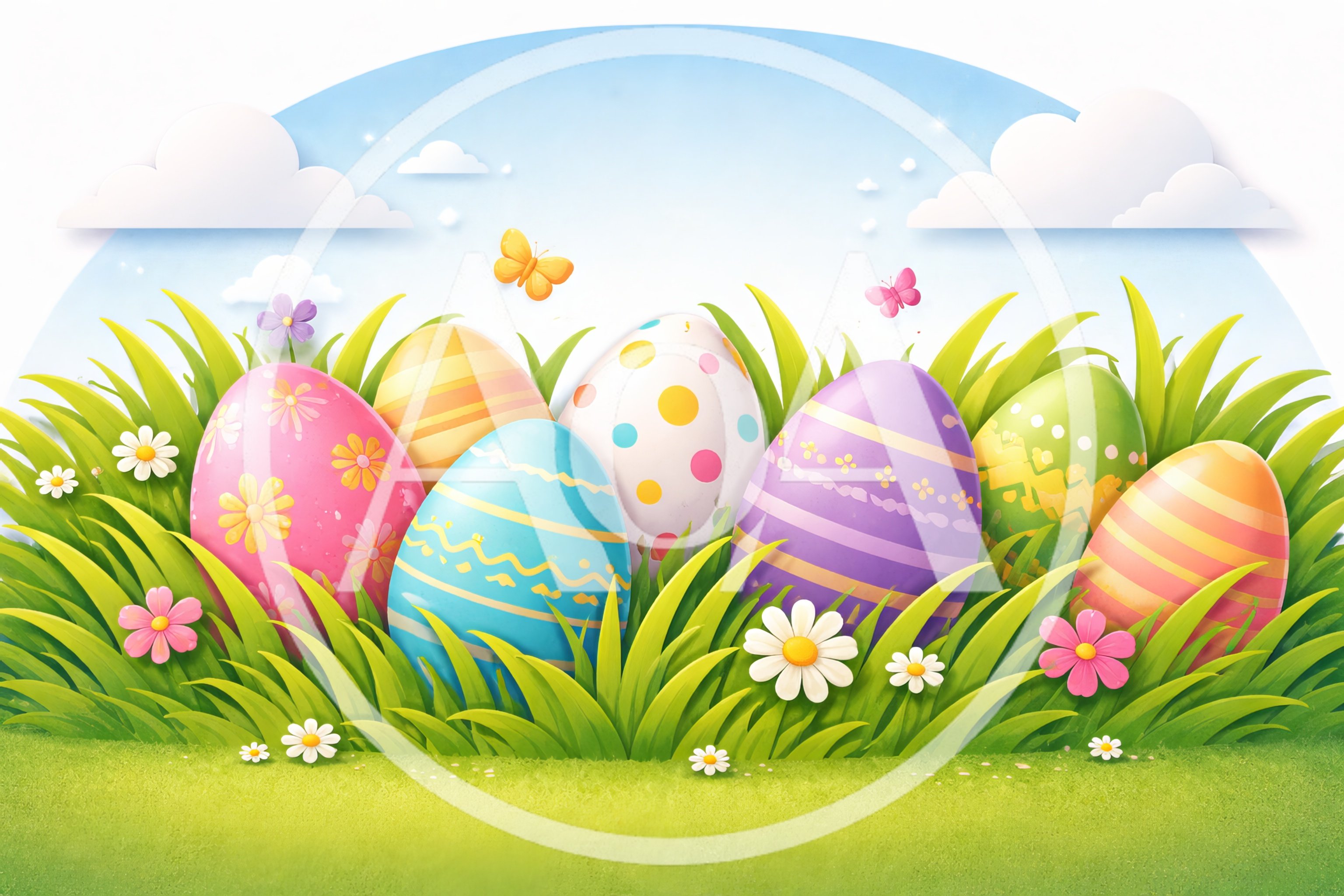 Colorful Decorated Easter Eggs In Green Grass