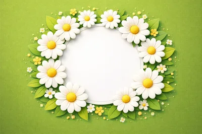 Daisy Flower Wreath Frame on Green Background