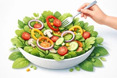 Hand Holding Fork Over Fresh Vegetable Salad Bowl