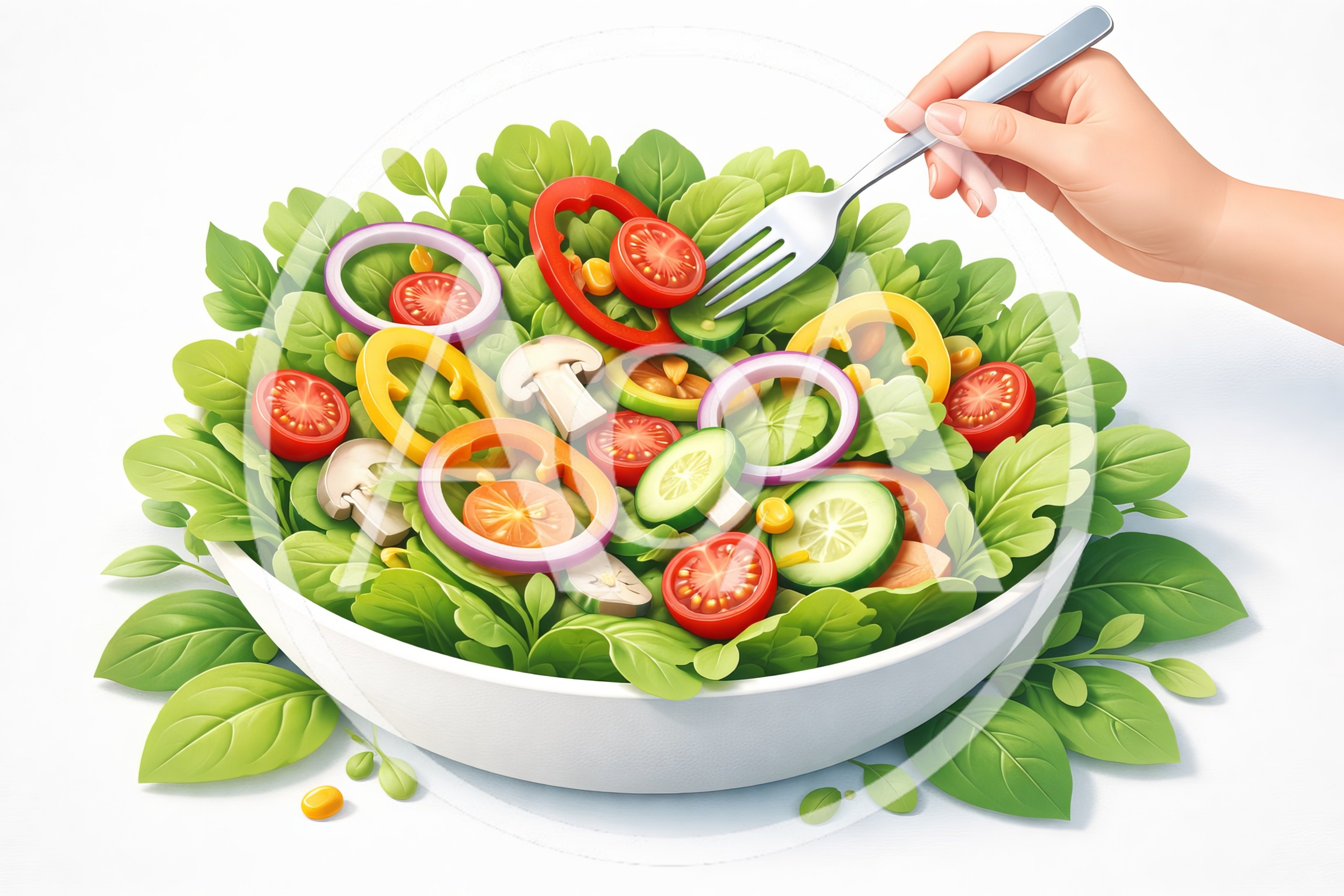 Hand Holding Fork Over Fresh Vegetable Salad Bowl