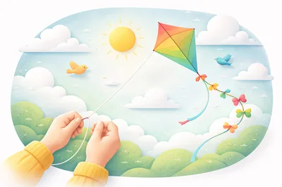 Hands Holding String Flying A Colorful Kite