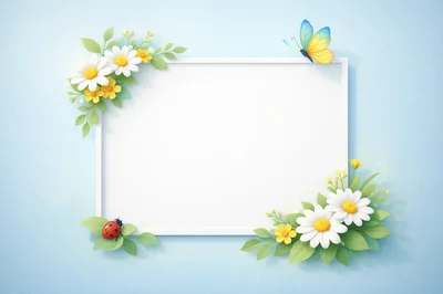 Blank White Frame Decorated With Spring Flowers And Insects